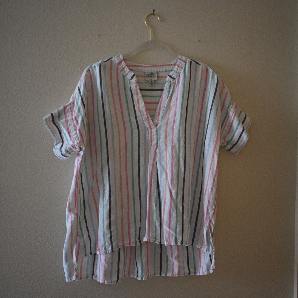 St John's Bay Pastel Striped Linen Blend V-Neck Blouse Short Sleeve Medium